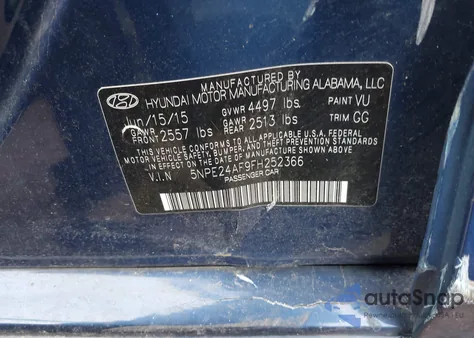 2015 Hyundai Sonata Se from USA, damaged, VIN 5NPE24AF9FH252366